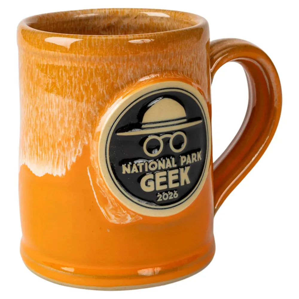 Orange mug with a 'National Park Geek 2026' logo on a white background
