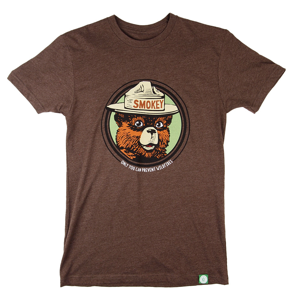 Brown t-shirt with Smokey the Bear graphic on a white background