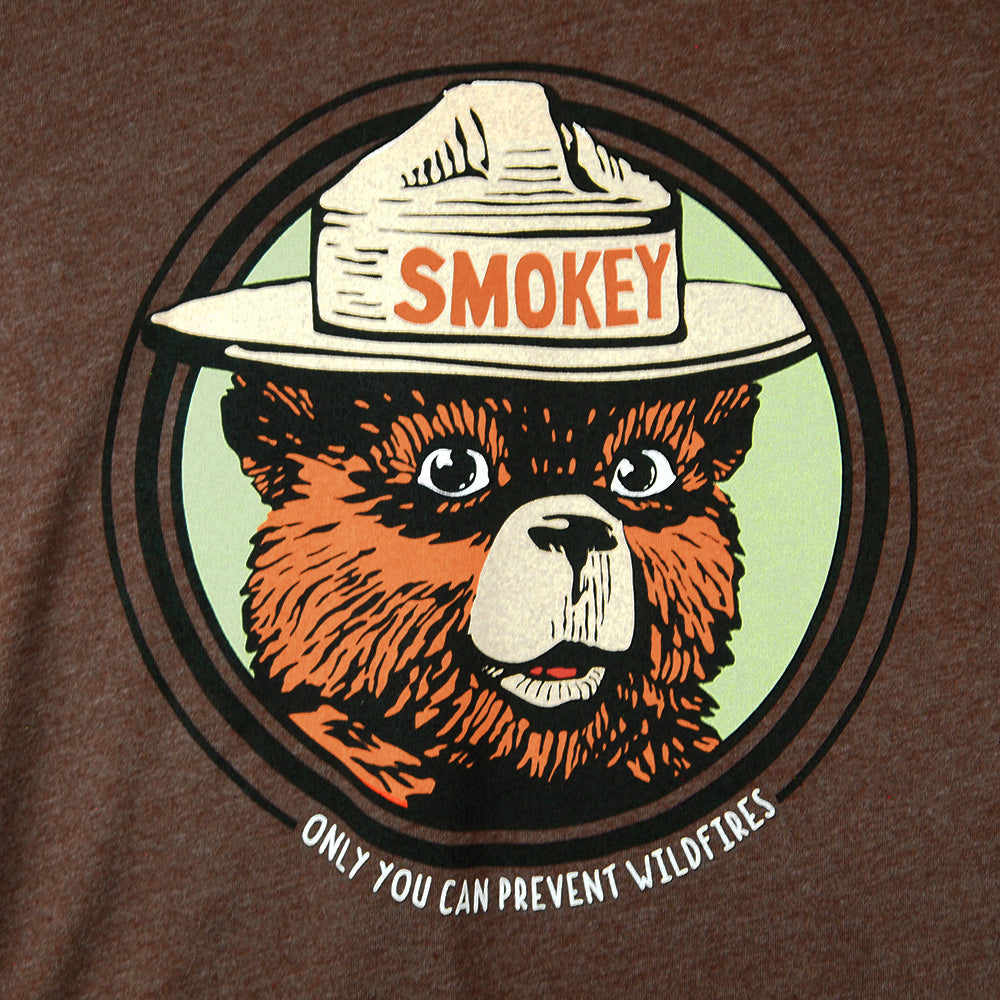 Smokey Bear graphic on a brown background