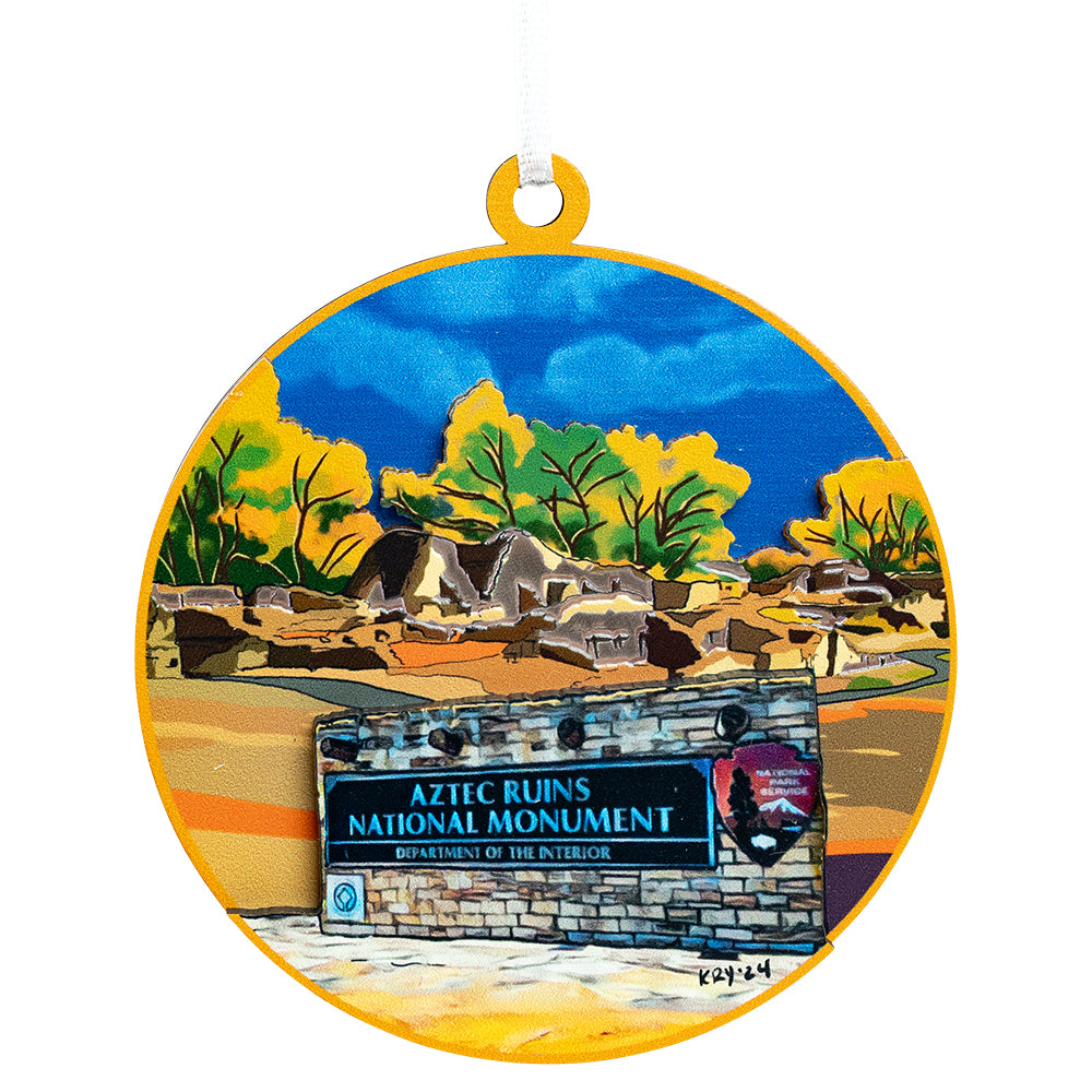 Decorative ornament with Aztec Ruins National Monument design on a white background