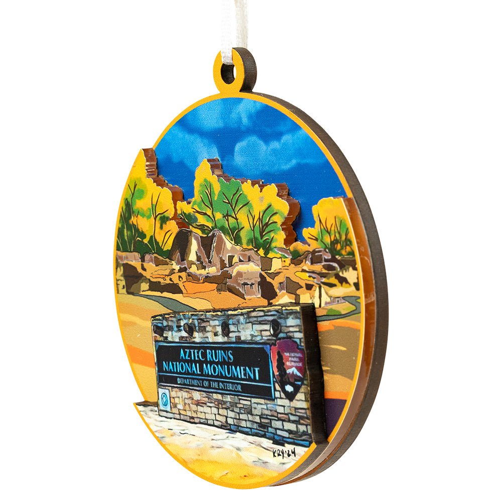 Decorative ornament of Aztec Ruins National Monument with scenic design.