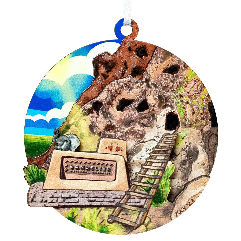 Decorative ornament with a cave entrance, ladder, and sign on a white background