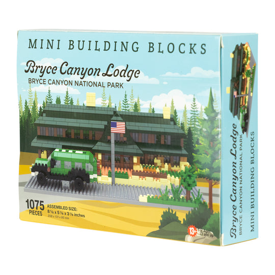 Box of Bryce Canyon Lodge mini building blocks with a scenic illustration on the packaging.