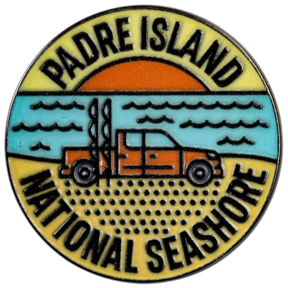Round pin with 'Padre Island National Seashore' text and a beach scene illustration.