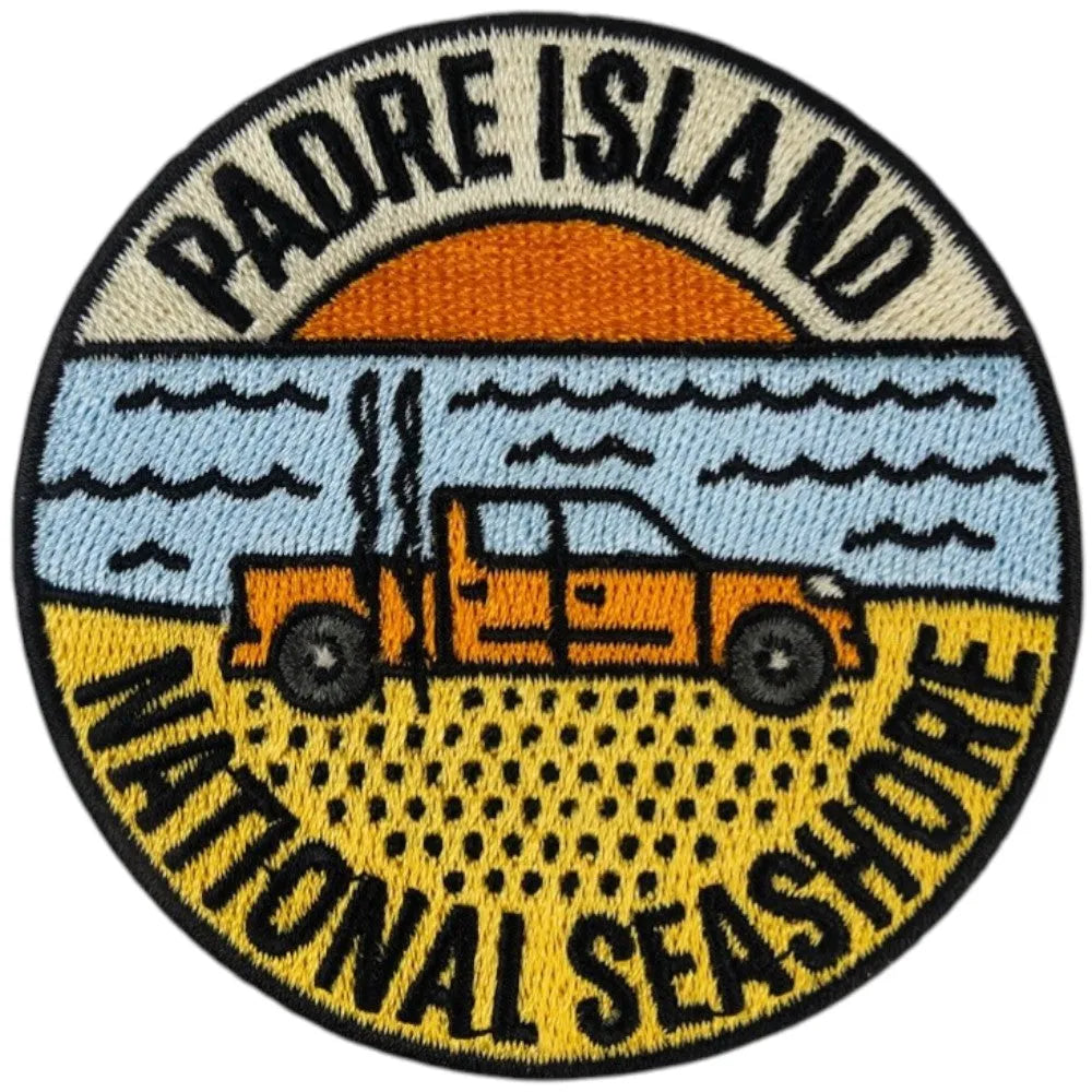 Embroidered patch of Padre Island National Seashore with a beach scene and vintage car.
