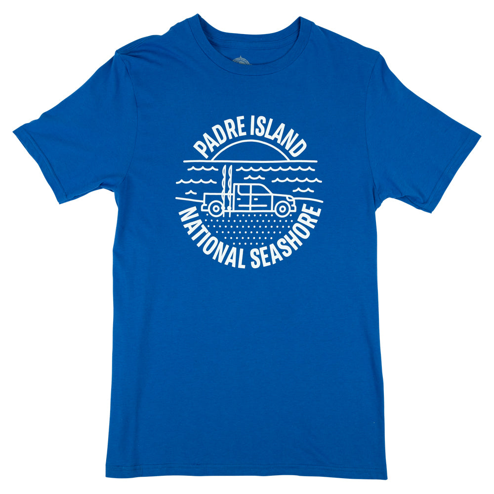 Blue t-shirt with 'Padre Island National Seashore' graphic on a white background