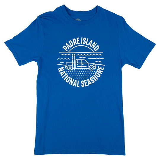 Blue t-shirt with 'Padre Island National Seashore' graphic on a white background