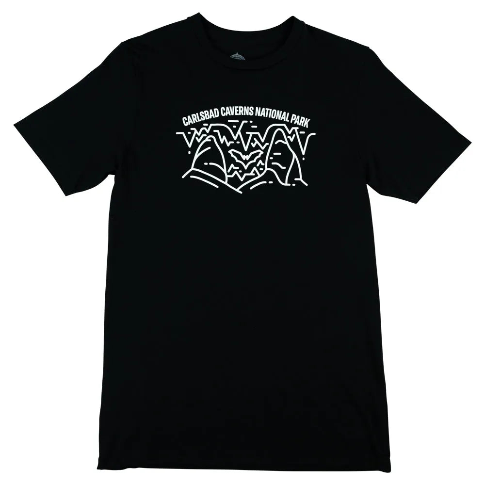 Carlsbad Caverns National Park logo with cave and bat design on a black t-shirt against a white background