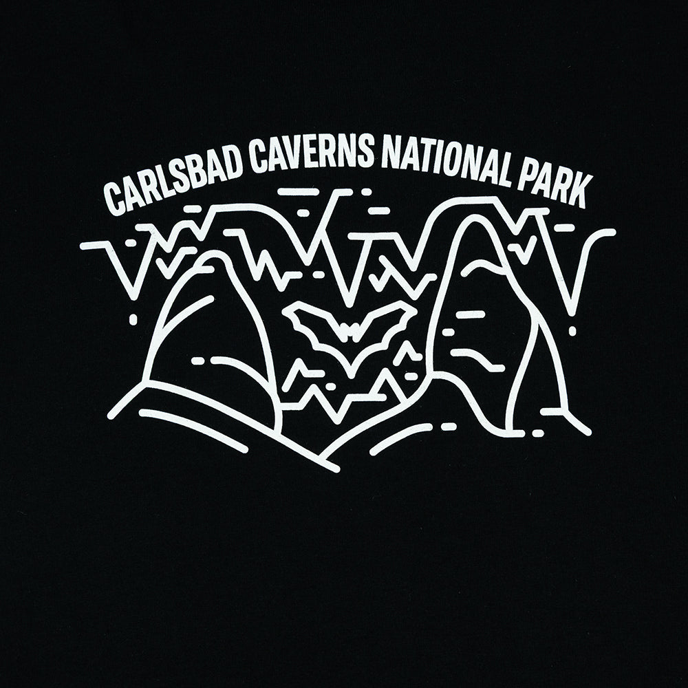 Carlsbad Caverns National Park logo with cave and bat design on a black t-shirt
