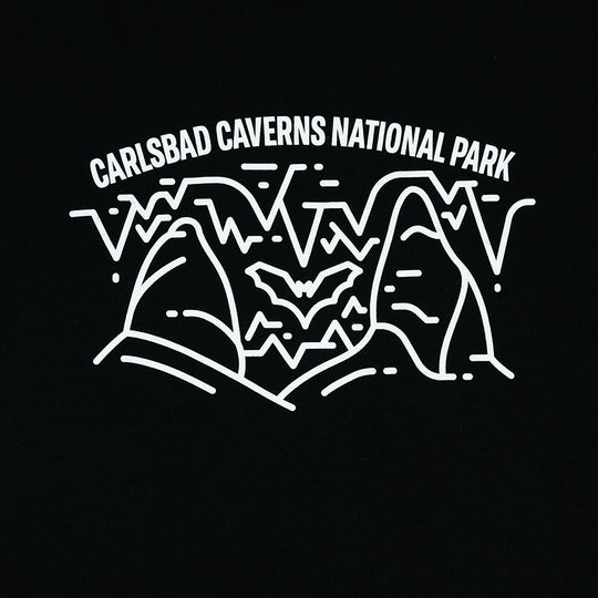 Carlsbad Caverns National Park logo with cave and bat design on a black t-shirt
