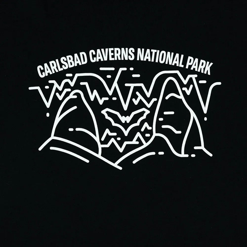 Carlsbad Caverns National Park logo with cave and bat design on a black t-shirt