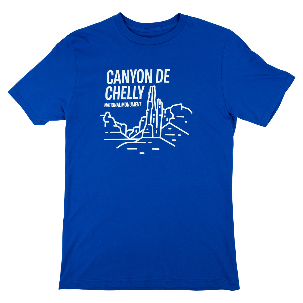 Blue t-shirt with Canyon de Chelly National Monument graphic and text on a white background