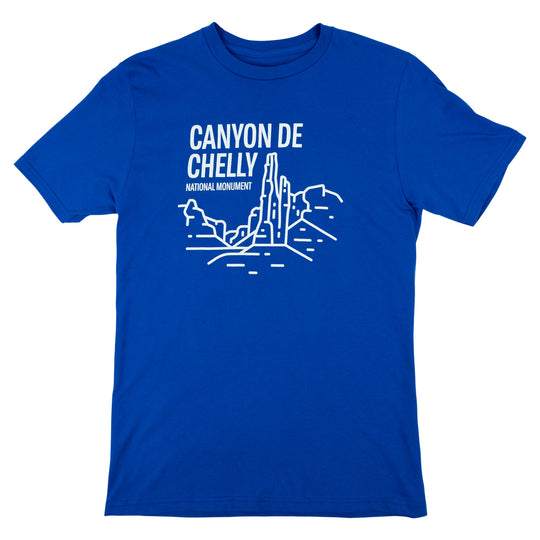 Blue t-shirt with Canyon de Chelly National Monument graphic and text on a white background