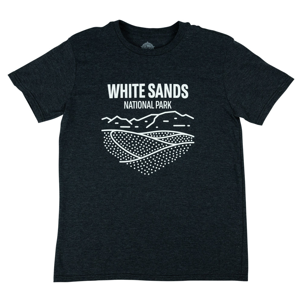 Dark gray t-shirt with 'White Sands National Park' graphic on a white background