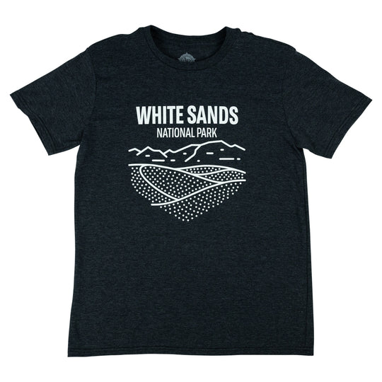 Dark gray t-shirt with 'White Sands National Park' graphic on a white background