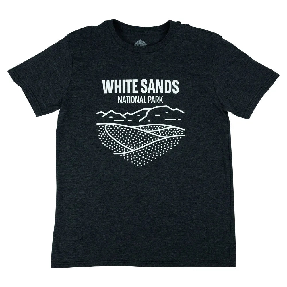 Dark gray t-shirt with 'White Sands National Park' graphic on a white background