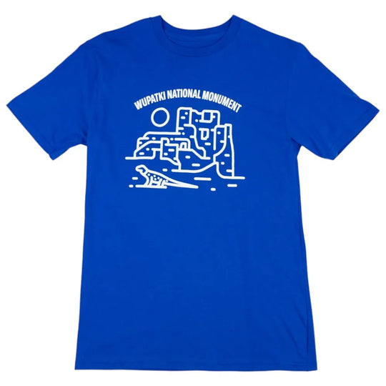 Blue t-shirt with white graphic and text of Wupatki National Monument on a white background