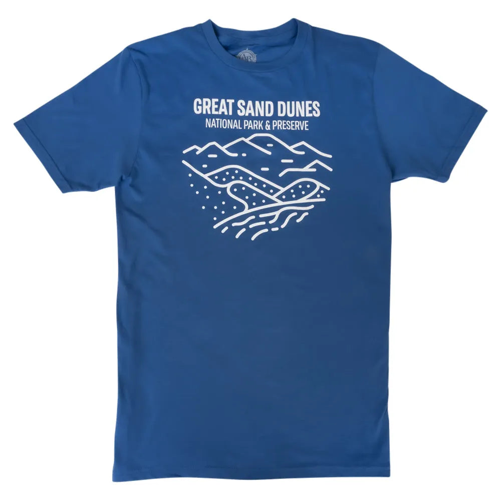 Blue t-shirt with 'Great Sand Dunes National Park & Preserve' design on a white background
