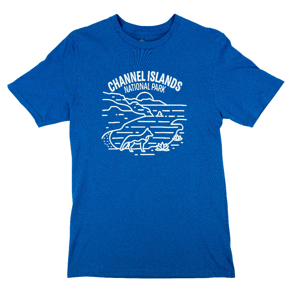 Channel Islands National Park logo with a fox and landscape on a blue t-shirt against a white background