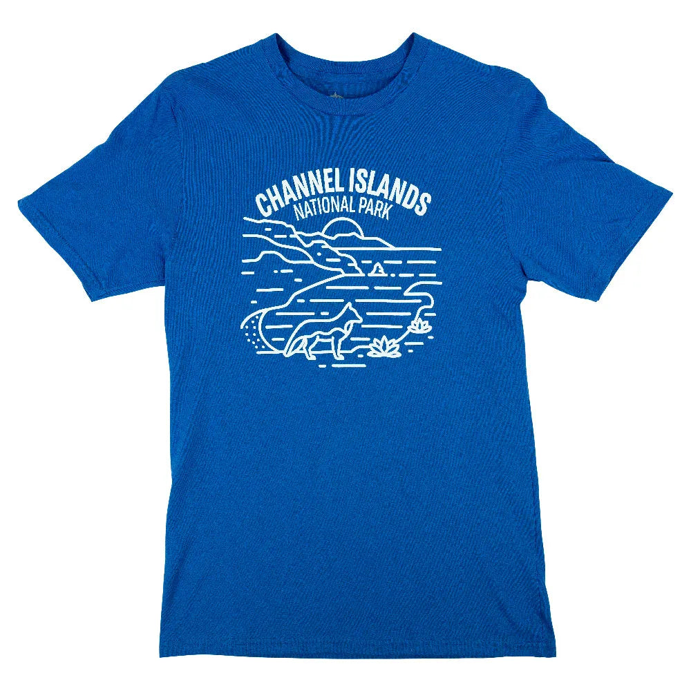 Channel Islands National Park logo with a fox and landscape on a blue t-shirt against a white background