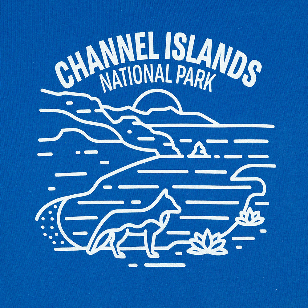 Channel Islands National Park logo with a fox and landscape on a blue background