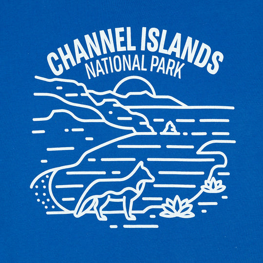 Channel Islands National Park logo with a fox and landscape on a blue background