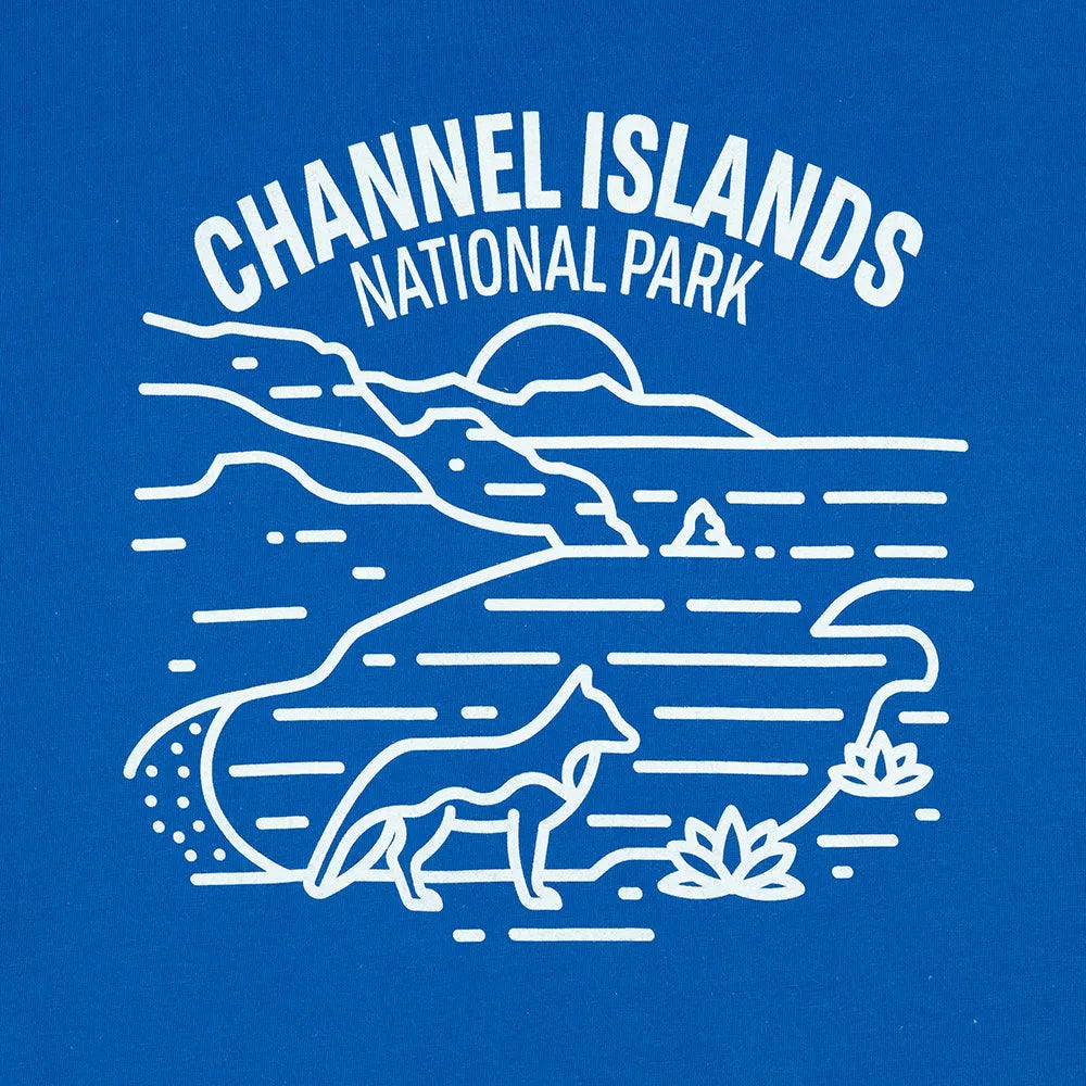 Channel Islands National Park logo with a fox and landscape on a blue background