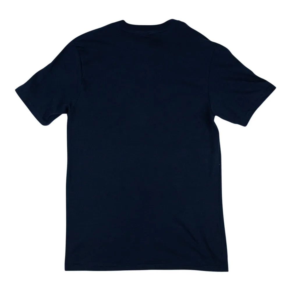 Back of a dark blue T-shirt on a white background