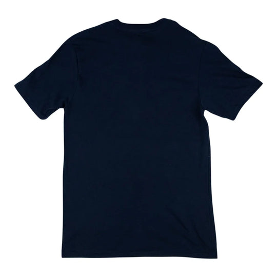 Back of a dark blue T-shirt on a white background