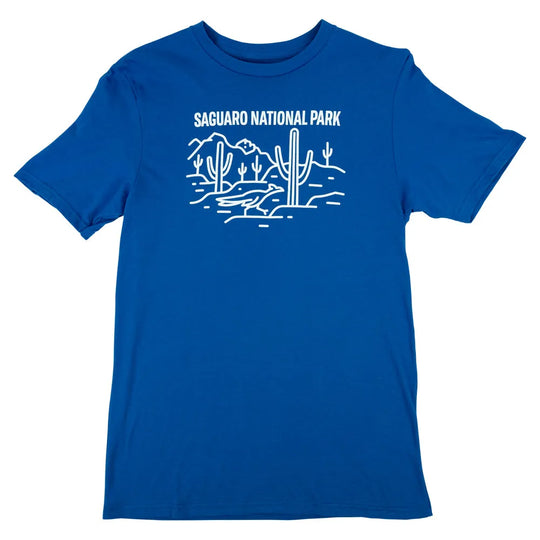 Blue t-shirt with white Saguaro National Park graphic and text on a white background