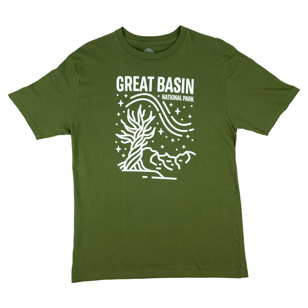 Green t-shirt with white line art of a tree and 'Great Basin National Park' text on a green background