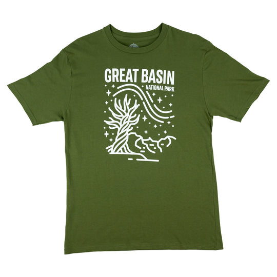 Green t-shirt with white line art of a tree and 'Great Basin National Park' text on a green background