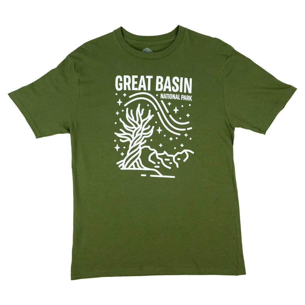 Green t-shirt with white line art of a tree and 'Great Basin National Park' text on a green background