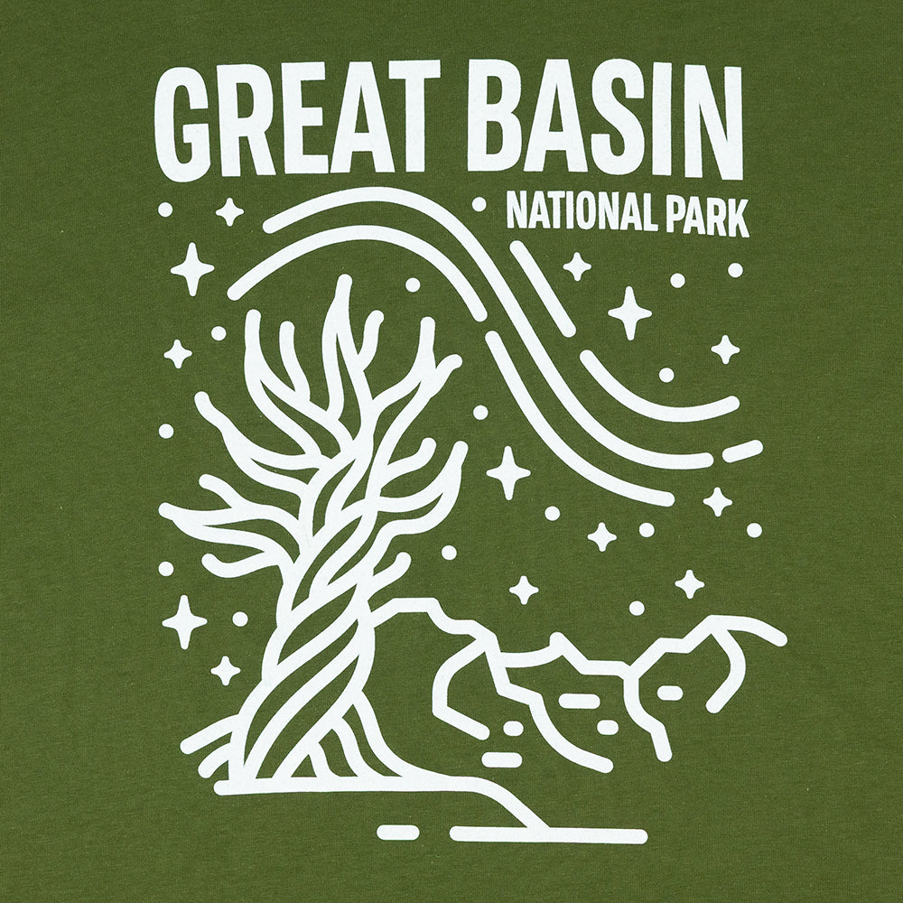 Green t-shirt with white line art of a tree and 'Great Basin National Park' text on a green background
