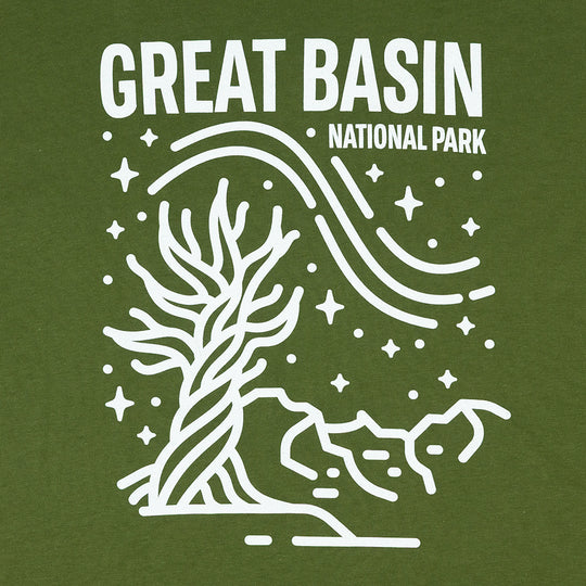 Green t-shirt with white line art of a tree and 'Great Basin National Park' text on a green background