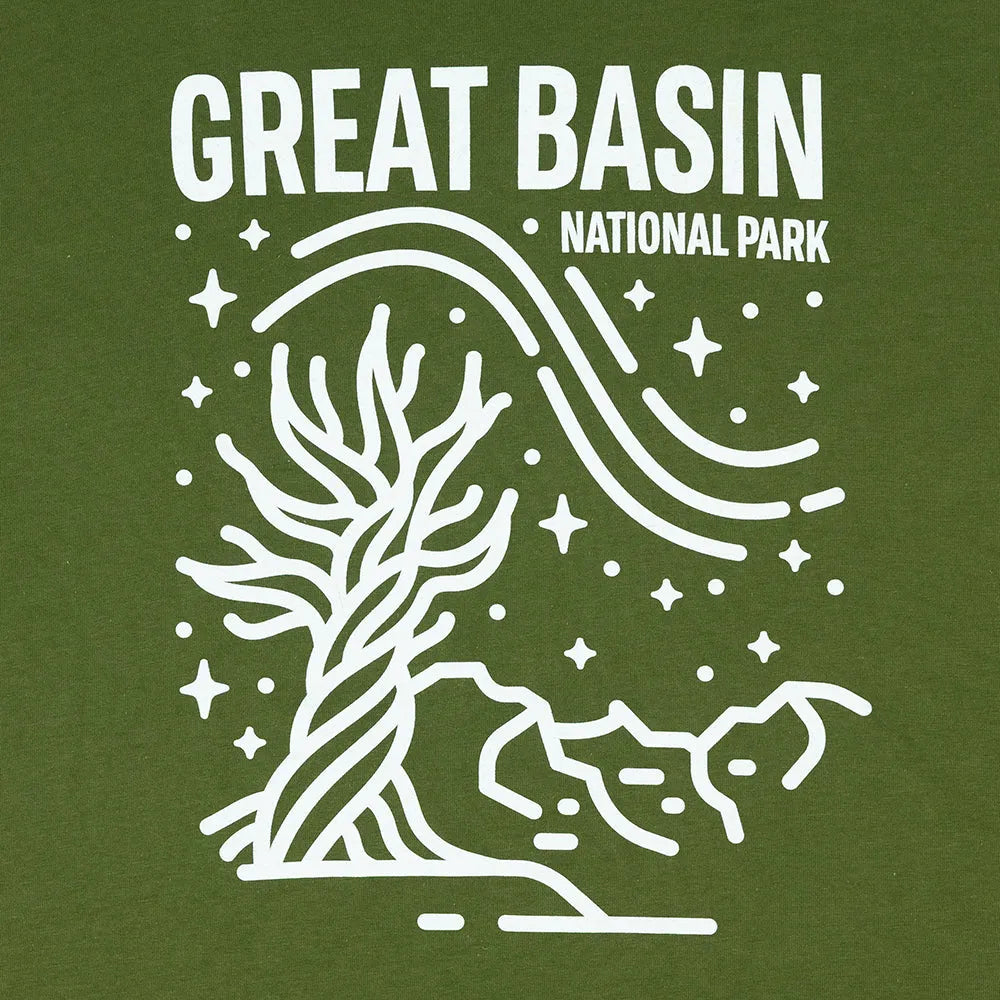 Green t-shirt with white line art of a tree and 'Great Basin National Park' text on a green background