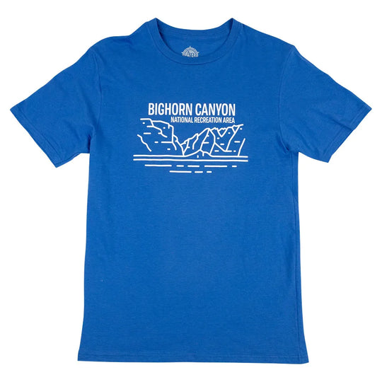 Blue t-shirt with 'Bighorn Canyon National Recreation Area' graphic on a white background
