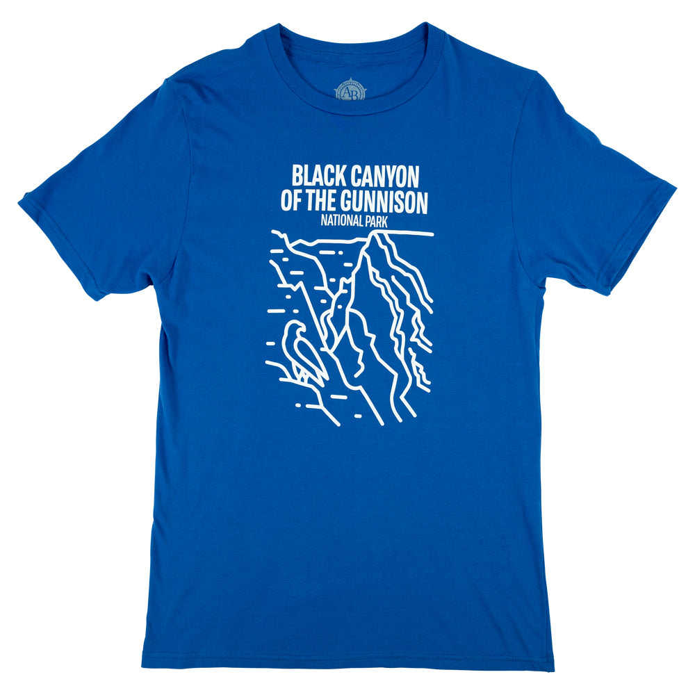 Blue t-shirt with white line art of a canyon and 'Black Canyon of the Gunnison National Park' text against a white background.