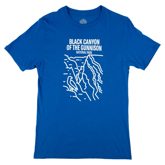 Blue t-shirt with white line art of a canyon and 'Black Canyon of the Gunnison National Park' text against a white background.