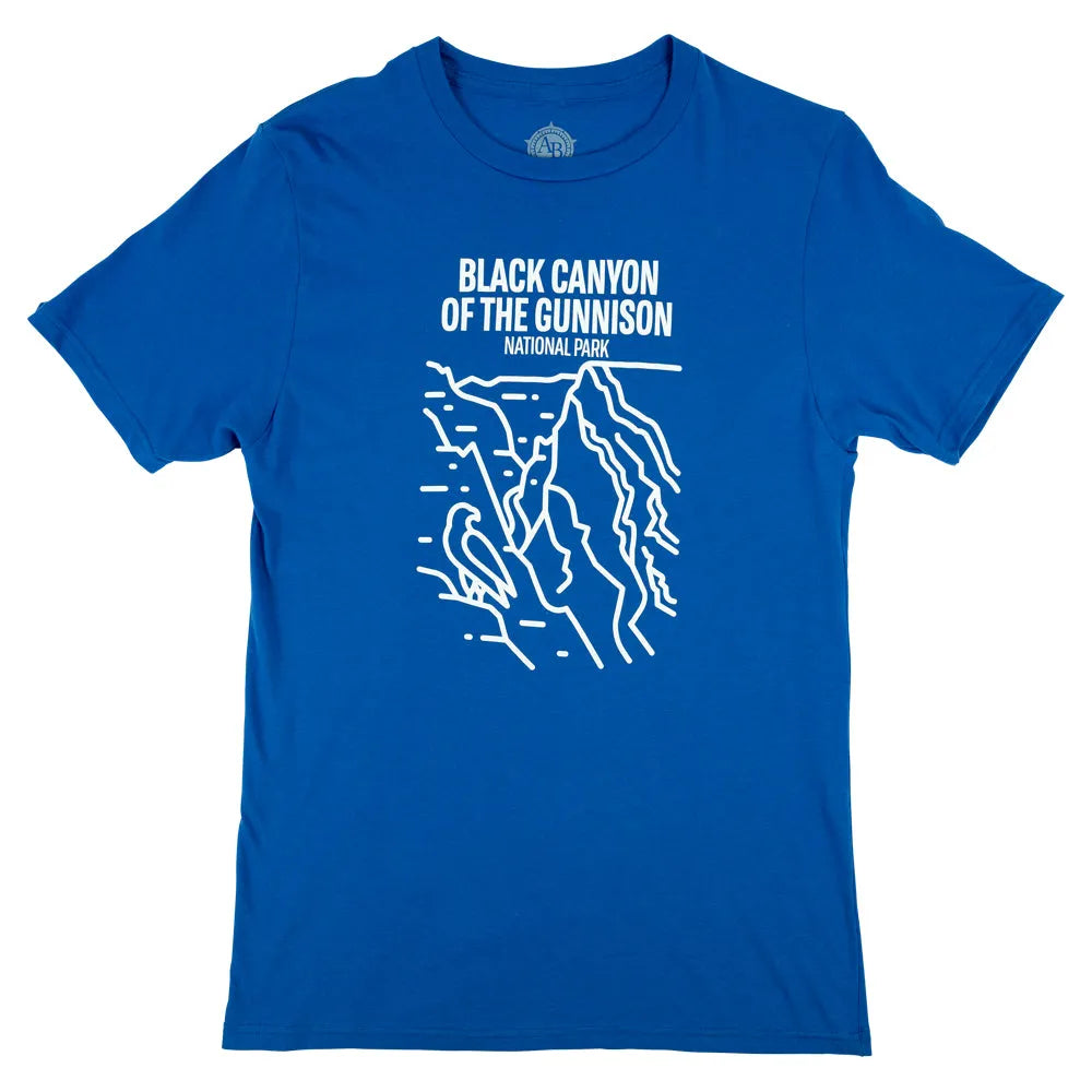 Blue t-shirt with white line art of a canyon and 'Black Canyon of the Gunnison National Park' text against a white background.