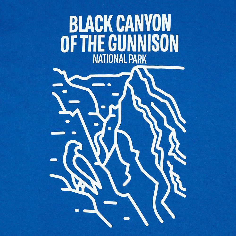 Blue t-shirt with white line art of a canyon and 'Black Canyon of the Gunnison National Park' text.