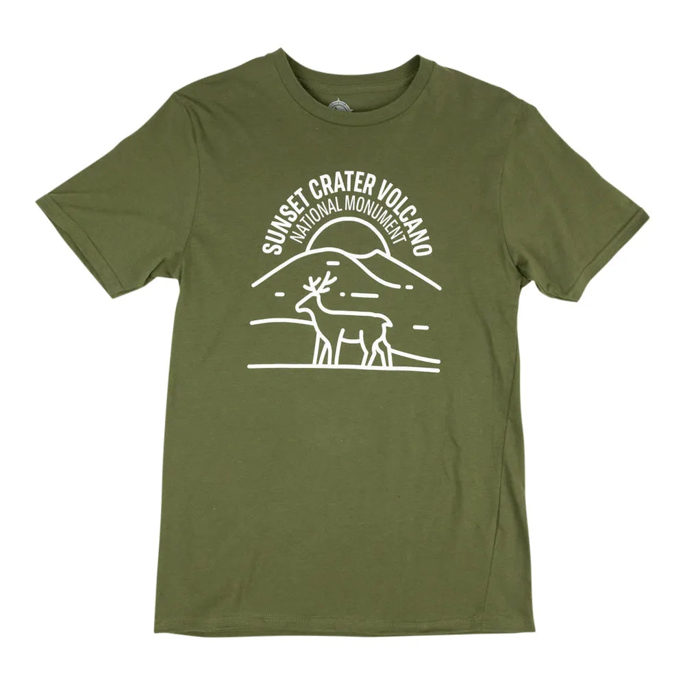 Green Sunset Crater Volcano National Monument T-Shirt - Fell Logo on a white background