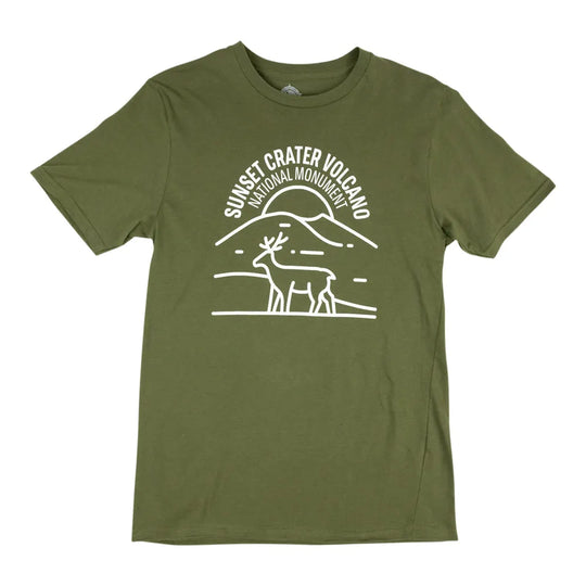 Green Sunset Crater Volcano National Monument T-Shirt - Fell Logo on a white background