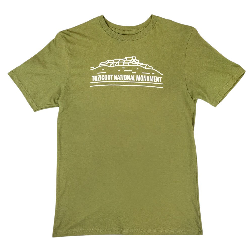 Green t-shirt with Tuzigoot National Monument graphic on a white background
