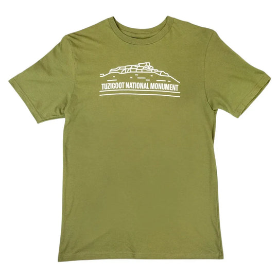 Green t-shirt with Tuzigoot National Monument graphic on a white background