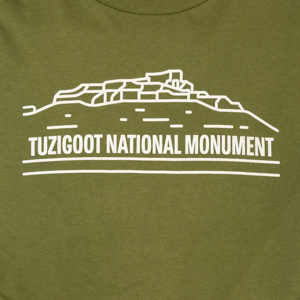 Green t-shirt with white outline of Tuzigoot National Monument and text on a green background