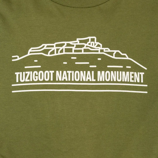 Green t-shirt with white outline of Tuzigoot National Monument and text on a green background
