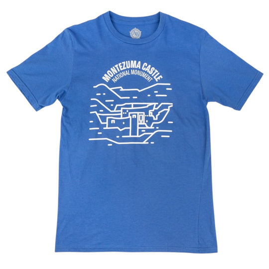 Blue t-shirt with white graphic line design and text of Montezuma Castle National Monument on a white background