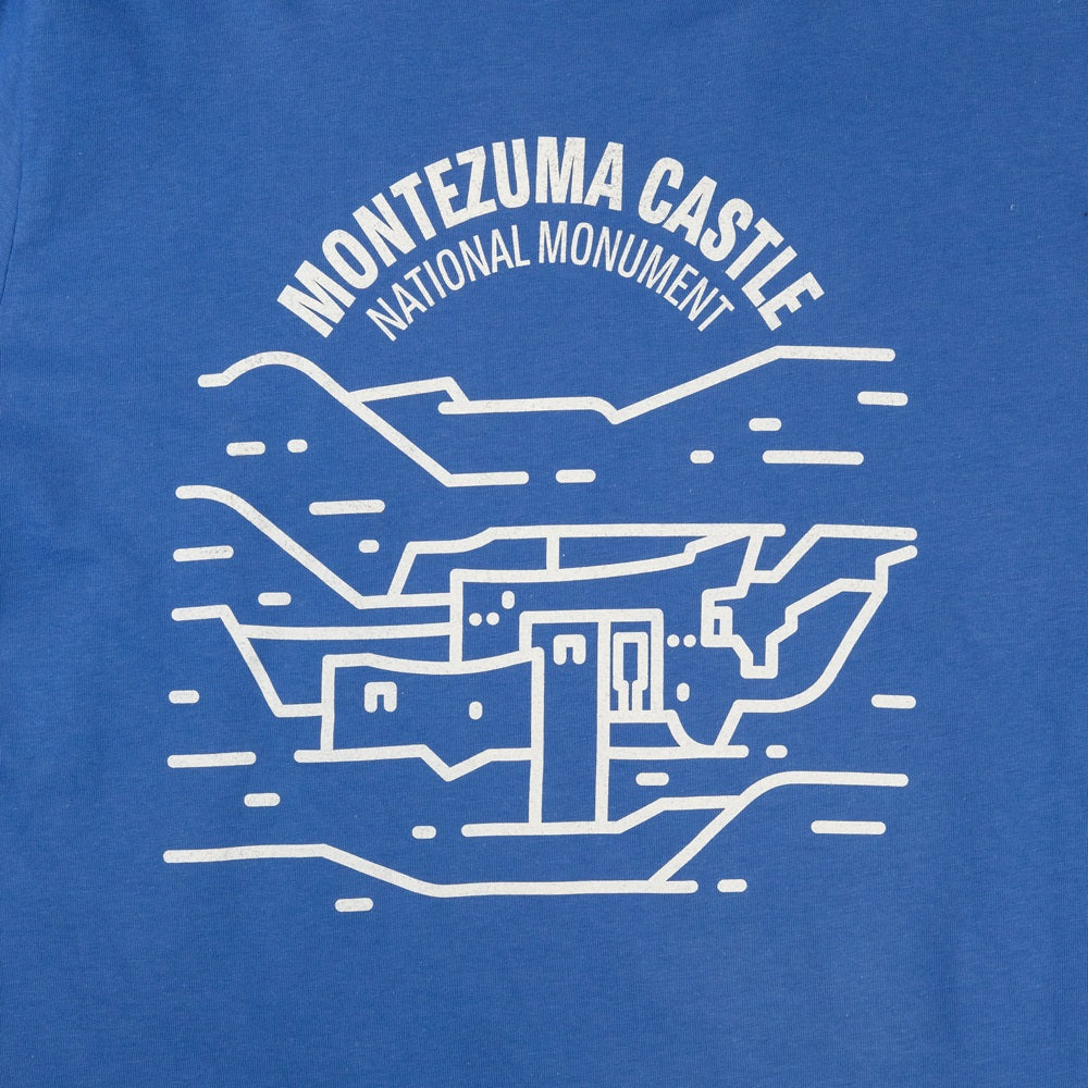 Blue t-shirt with white outline of Montezuma Castle National Monument design on a blue background