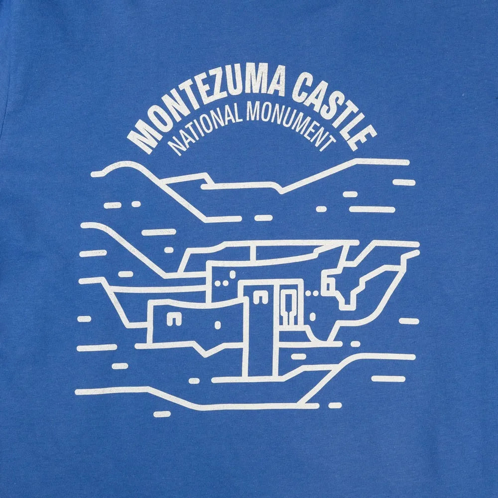 Blue t-shirt with white outline of Montezuma Castle National Monument design on a blue background